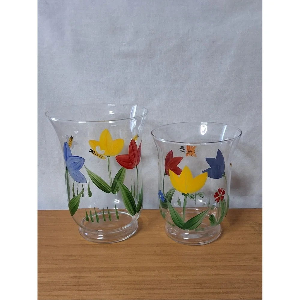 Vintage Hallmark Hand-Painted Floral‎ Glass Hurricane Candle Holders Set of 2